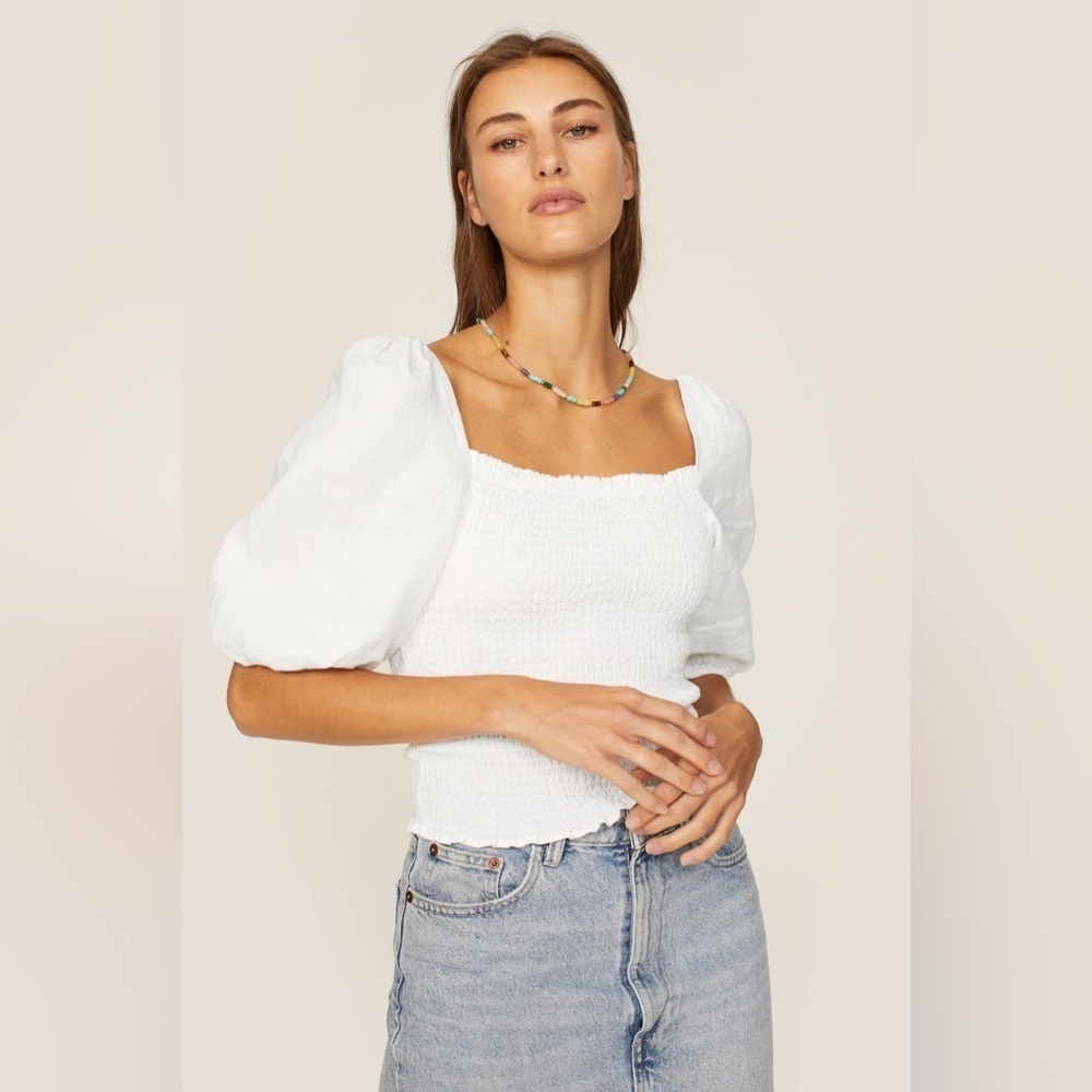 Faherty‎ Frankie Oyster White Smocked Puff Sleeve Blouse Linen